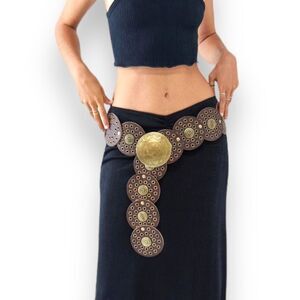 Brown Medallion Studded Coin Buckle Wide Boho Western Concho Belt NEW